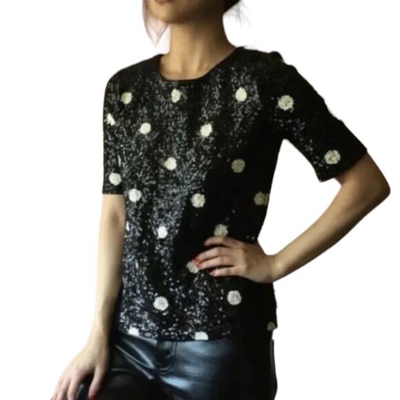 J.Crew Sequin Polka Dot Top Short sleeve polka dot top black white sequins XS - Picture 5 of 5